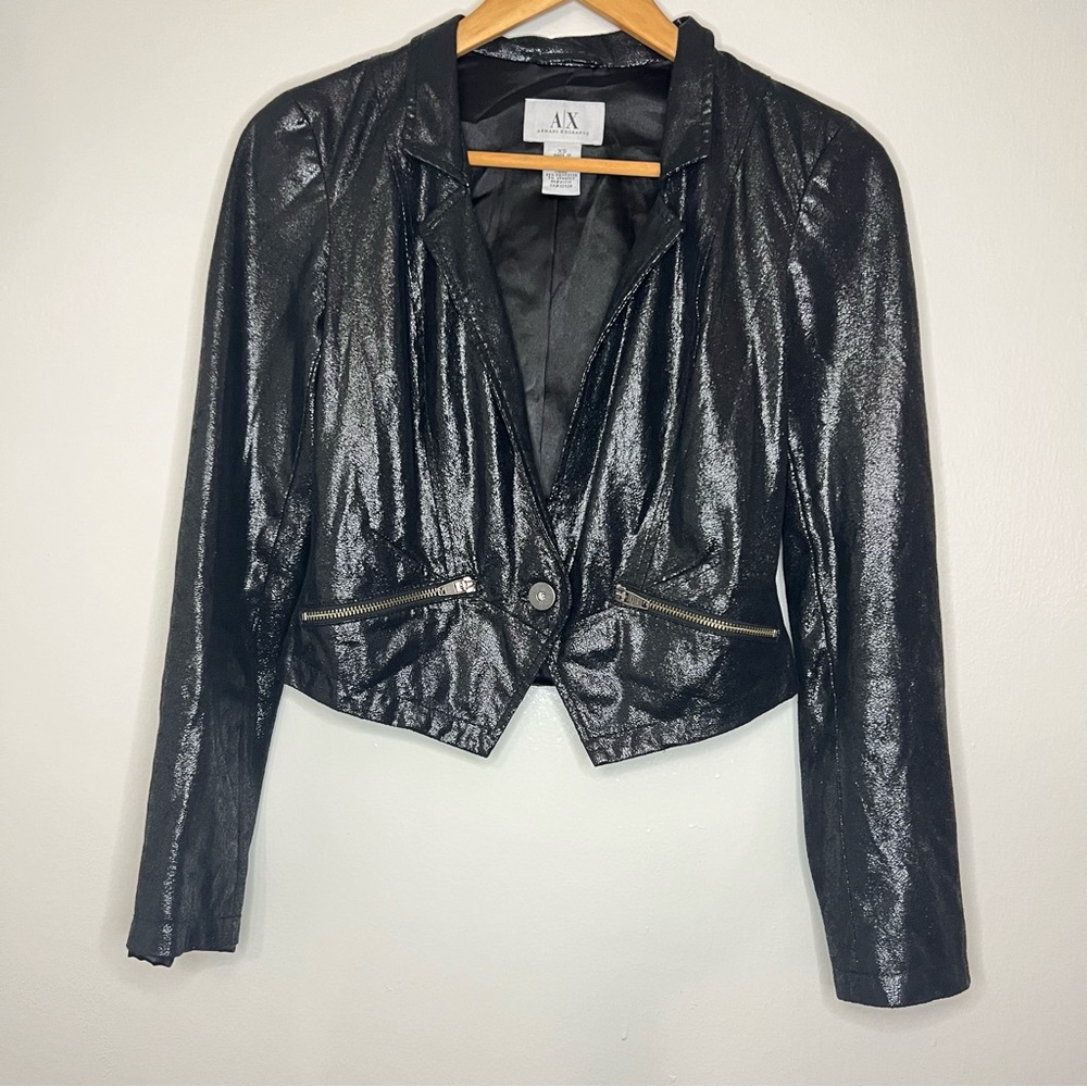 Armani Exchange Y2K 2010s Faux Leather Cropped Jacket Single Button Blazer Black